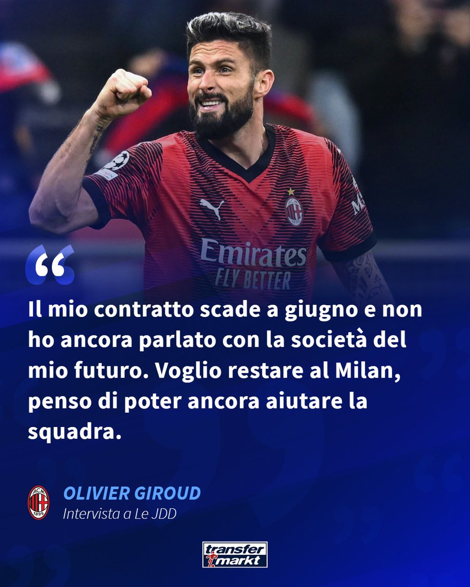 TMit_news's tweet photo. Raggiunte le 💯 presenze con il #Milan, #Giroud sente di potere affrontare il cammino verso altri traguardi, prolungando con i Rossoneri 🔴⚫. Sarà volontà comune? 

#TMquote #TMopinion #TMmercato #mercato https://t.co/xXnz4HcXmO