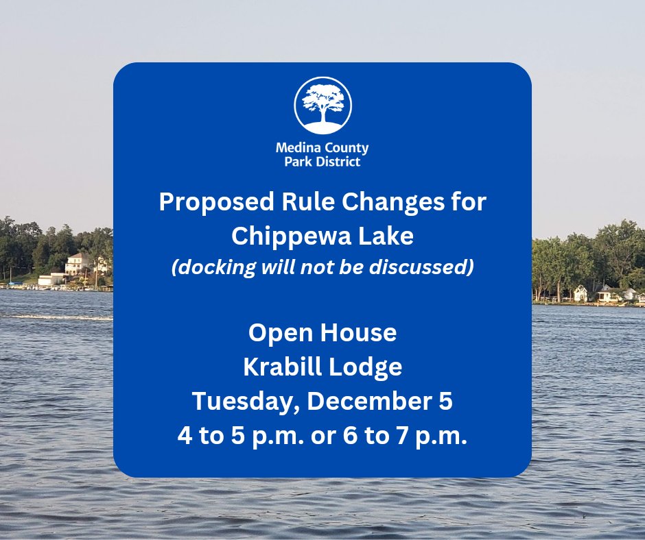 MedinaCoParks's tweet photo. Medina County Park District will host an open house to discuss proposed rule changes for Chippewa Lake on December 5. Krabill Lodge is located at 7597 Ballash Road in Medina/Lafayette.

Learn more: https://t.co/DnXpavYsyY #medinacountyparks https://t.co/N2fYu48wnH