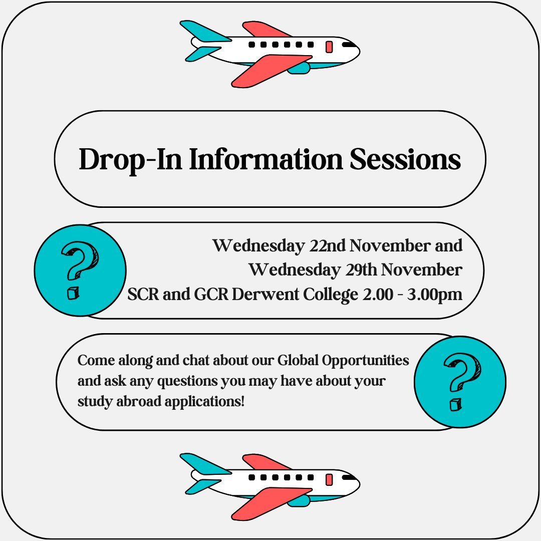 Tomorrow (Wednesday 22nd November) and next week (Wednesday 29th November) the Centre for Global Programmes will be holding drop-in information sessions about @UniofYork's Global Opportunities! They will be held in Derwent College's SCR and GCR from 2-3pm. #GoGlobal #UoY