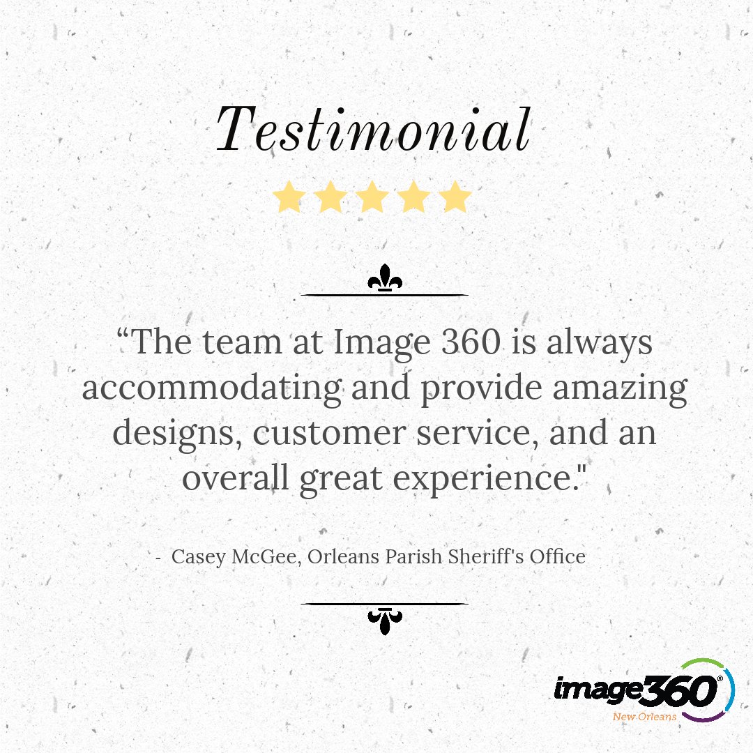 We appreciate all of the lovely reviews from our loyal clients! 💛
.
.
.
.
#testimonial #tuesdaytestimonial #image360nola #image360 #neworleans #downtownnola #reviews #signs #graphics #solutions #smallbusiness #signshop