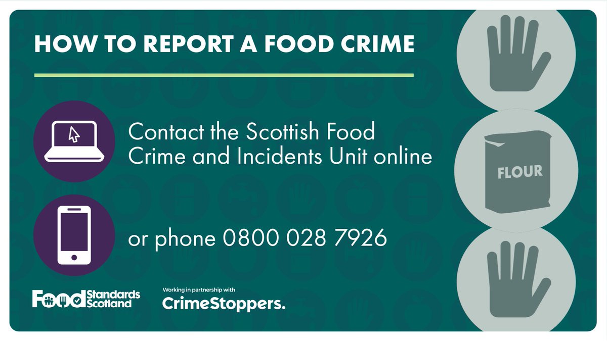 Protect our food industry reputation and consumer safety. Report suspicions about the authenticity of food and drink anonymously to our Scottish Food Crime Hotline by phone 0800 028 7926 or online: bit.ly/2GLoXLG, run in partnership with @CrimestoppersUK. #FoodCrime