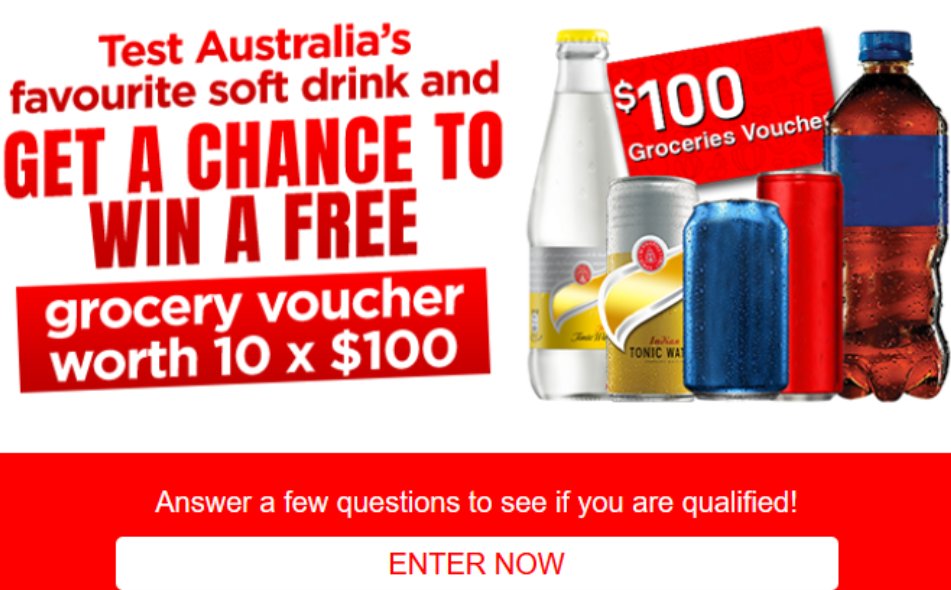 JRJONY648483's tweet photo. 🎁 grocery voucher worth 10 x $100🎉

✅ No Purchase Necessary

Test Australia's favourite soft drink and GET A CHANCE TO WIN A FREE

Claim Yours Now → https://t.co/JCzzTPWahG
#AmazonGiftCard #giveway #CPAOffer #GiveawayAlert #ShopOnAmazon #Giftcards https://t.co/88RoQrKkWd