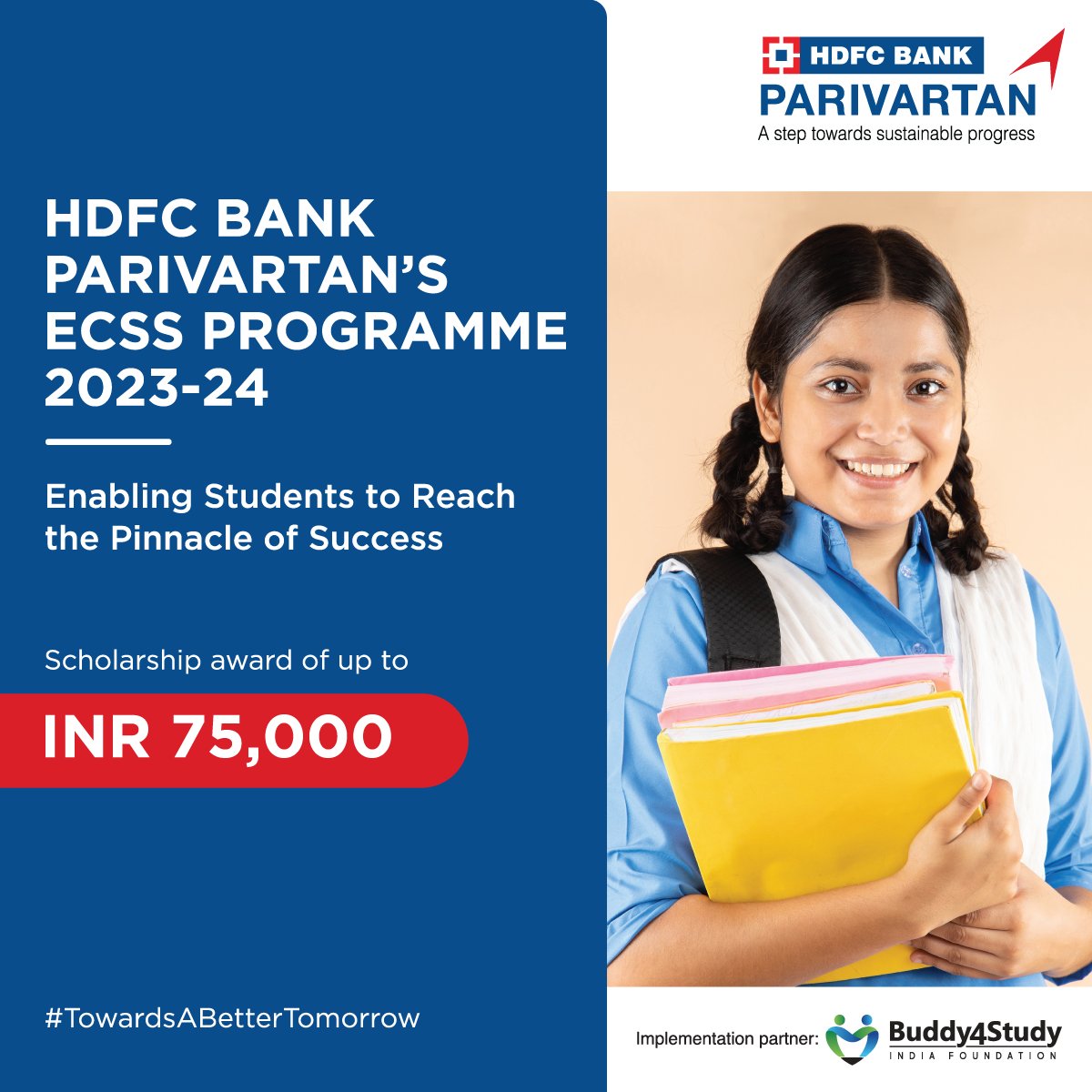 Buddy4Study's tweet photo. Applications for HDFC Bank Parivartan's ECSS Programme 2023-24 are open for students of Class 1 to 12, diploma, ITI, polytechnic, undergraduate and postgraduate courses. Eligible students stand a chance to get a scholarship of up to INR 75,000 for their academic expenses. Apply today! https://t.co/yKFEzAMzs2

@HDFC_Bank
@jmc_delhi @CollegeKalindi @knwcbbsr @kmv_du @km_college @DirectorLHMC @LDelhiuniv @LSRDU @lbcduofficial @MAUbaddi

#scholarships #HDFCBankScholarship #TowardsABetterTomorrow