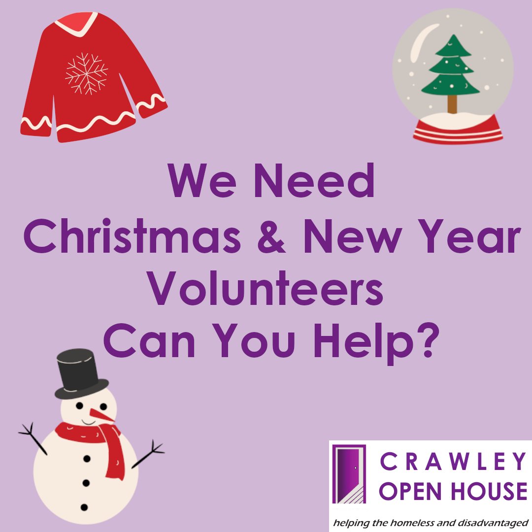 Crawley Open House (@crawleyopenhse) on Twitter photo We anticipate a busy Christmas and New Year at Crawley Open House, and we have several general and food prep volunteer spots to fill on X'mas Eve, X'mas Day, Boxing Day, NY’s Eve and NY’s Day. If you are interested, please email our HR manager jane.nulty@crawleyopenhouse.co.uk We anticipate a busy Christmas and New Year at Crawley Open House, and we have several general and food prep volunteer spots to fill on X'mas Eve, X'mas Day, Boxing Day, NY’s Eve and NY’s Day. If you are interested, please email our HR manager jane.nulty@crawleyopenhouse.co.uk