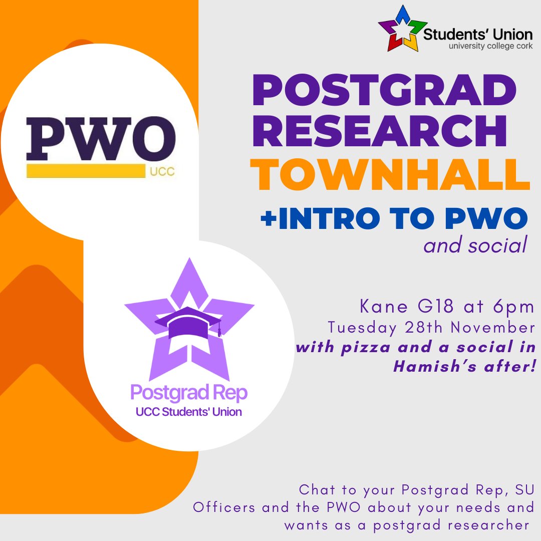 UCCSUPostgrad's tweet photo. UCC Postgrad Researchers!

We are hosting a Postgrad Research Town Hall in Semester 2 next Tuesday, the 28th in Kane G18 from 6-8pm for all PhD Candidates and Research Masters students, in conjunction with @PWO_UCC!

There will be pizza and a social in Hamishes after! https://t.co/ngTomBytBq