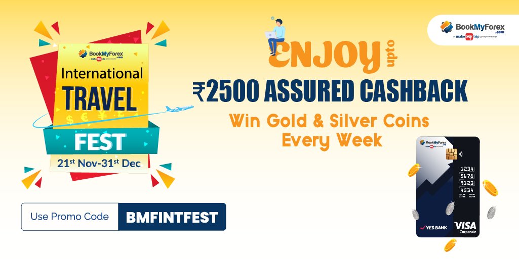 BookMyForex's tweet photo. Join us at the International Travel Fest where exclusive deals are waiting for you.✈️🎁
Free Gold &amp; Silver Coins, Assured Cashback up to ₹2500, Discount Coupons worth up to ₹70,000 and More!!!🤩
Click here to know more: https://t.co/eT5UeHr2fx
#offer #cashback #BMFoffer https://t.co/Nj5BNKVy05