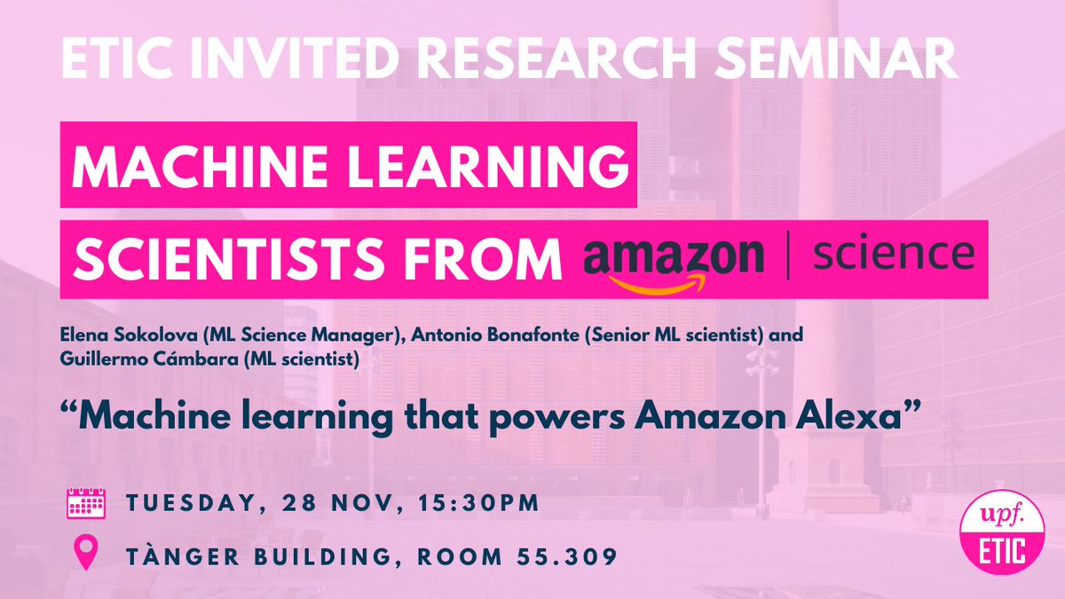 enginyeria_upf's tweet photo. 🟣SEMINAR

👥Machine Learning @amazon scientists

🗓️ 28th November, 15:30PM
📌 Tanger's building, Aula 55.309

🗣️"We will explain how Alexa works and what ML algorithms enable you to get a reply in less than a second" https://t.co/6bxeNSEayk