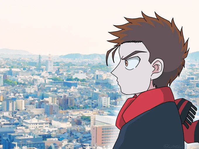 真剣な眼差しの彼だが、街並みの風景に脳内で怪獣を合成するのに集中しているだけである。 