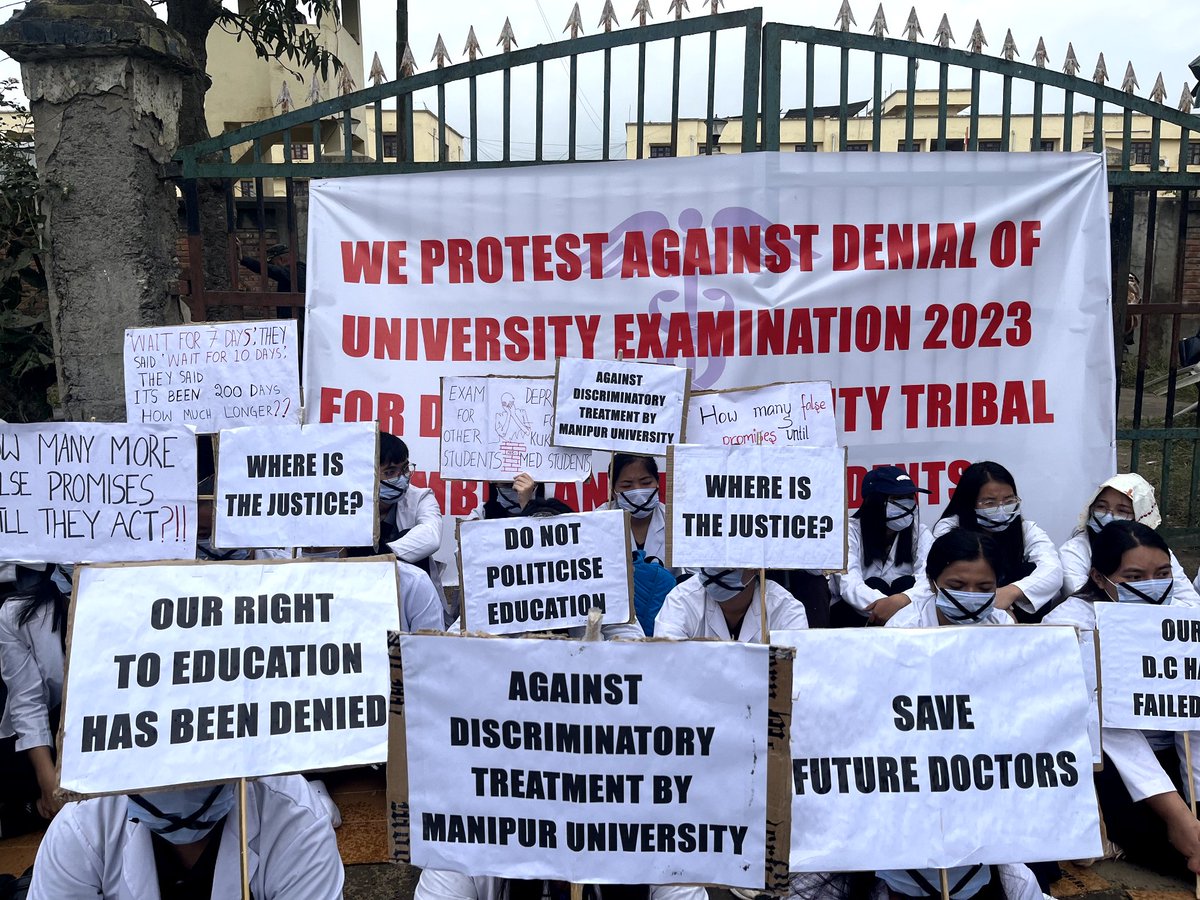 AriesHaoneoKuki's tweet photo. Over 50 MBBS students from Shija, RIMS, JNIMS are denied from their educational rights.
Today, i.e., 21st November 2023,
they are in protest against denial of exams by the University.
They are deprived of education & such discrimination against tribals shouldn't be overlooked. 

Where is Article 21A for the Kuki_Zo community? Where is our educational rights? Why are medical students deprived of their examination because we belong to the minority group? Where is humanity? For God Sake think for the future of these students🙏 

#Kuki_Zo brethren have every right to fulfill their dreams and be promising doctors! 
Please Keep the political whataboutery away from the education section and listen to their cries and provide the best solution that can be acceptable to all.
7 months is far too long 

Will the govt. pay no heed to the cries of our #Kuki_Zo medical students?
Our #Kuki_Zo brethren have every right and reasons to be heard as much as the students in Imphal valley who have been given the privilege to go ahead with their studies and appear their exams!

#Kuki_Zo 
#SeparateAdministration4Kuki_Zo 
#KukiZoStudents
#MeiteiAtrocities