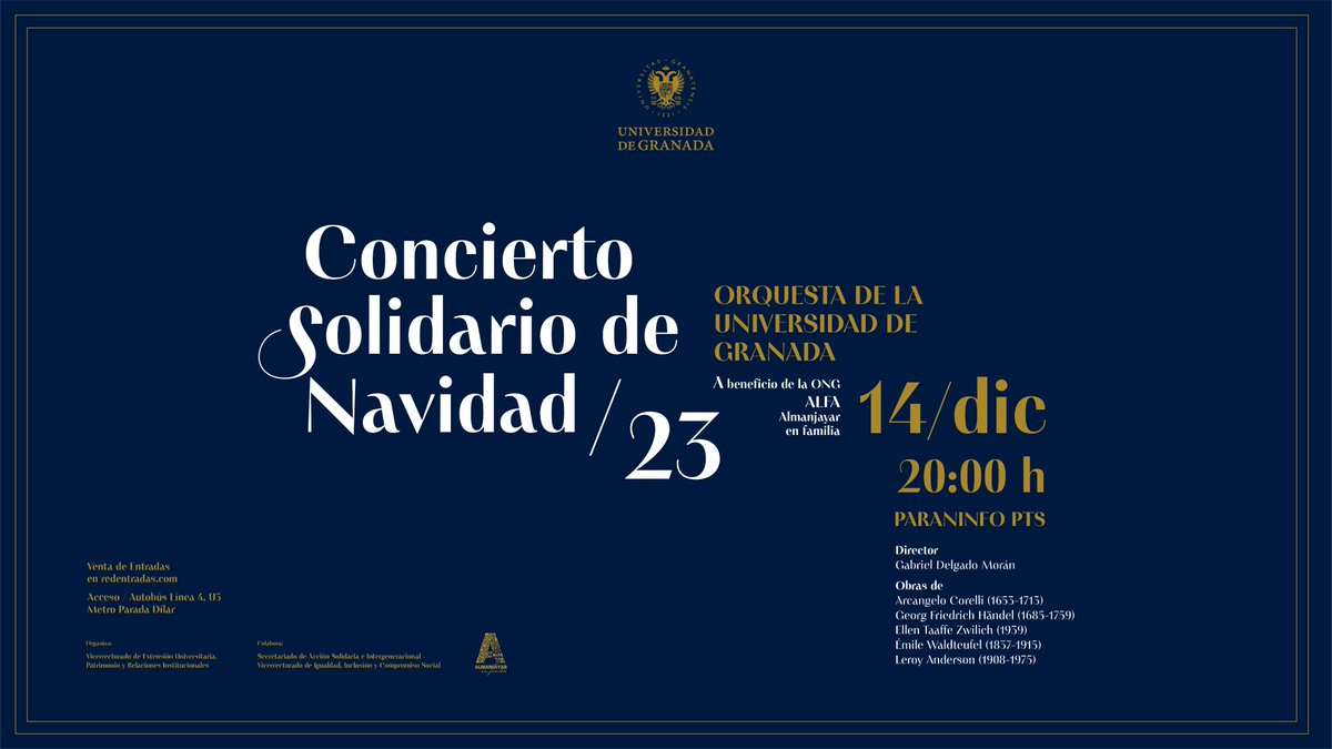 #ConciertosUGR
🎼El jueves 14 de diciembre de 2023 a las 20 h, en el Paraninfo del PTS tendrá lugar el Concierto Solidario de Navidad <a href="/CanalUGR/">Universidad Granada</a> a favor de la asociación Almanjayar en familia -<a href="/FAMILIA_ALFA/">ALMANJAYAR EN FAMILI</a>-
Entradas ya a la venta.
+Info: lamadraza.ugr.es/evento/concier…

#CulturaUGR #UGR