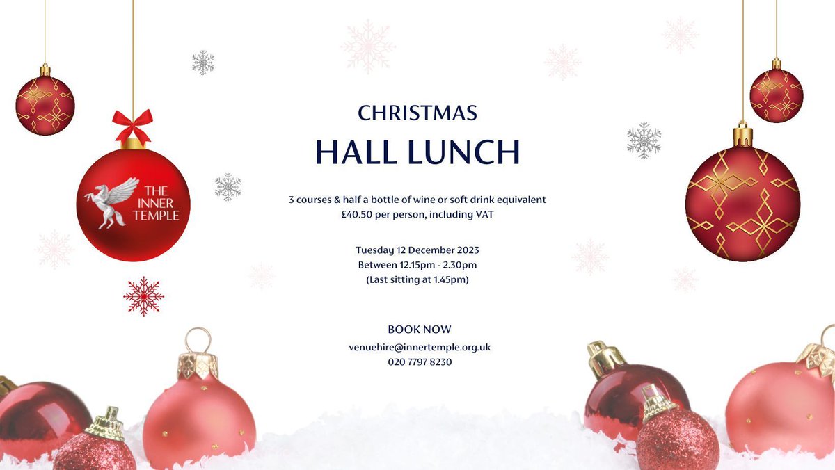 The Inner Temple annual Christmas Lunch is back!🎄

Join us  in Hall on Tuesday 12 December for a delicious and festive 3 course meal 🍽️🍷
✉️RSVP by midday 7 December: buff.ly/40OMSlp 

#ChristmasLunch #Festive