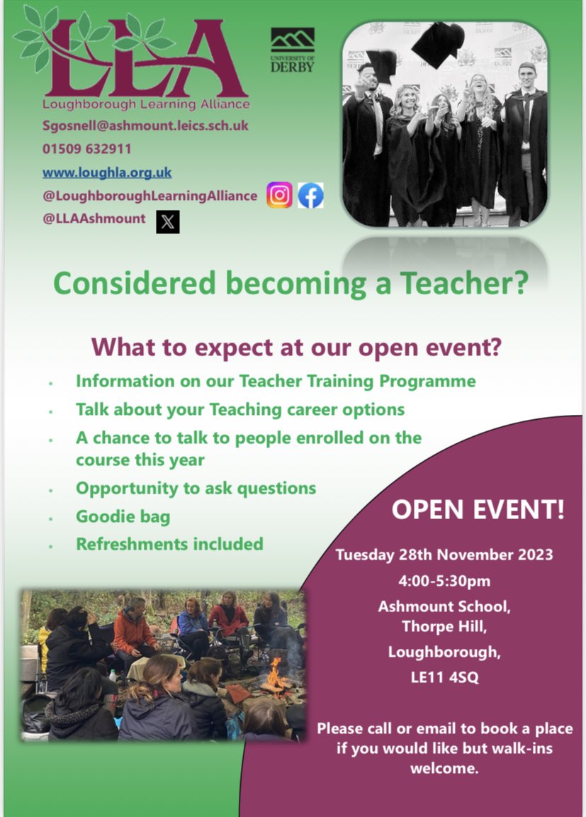 Considering becoming a Teacher? Come and join us at <a href="/AshmountSchool/">Ashmount School</a> for refreshments and to find out more information!