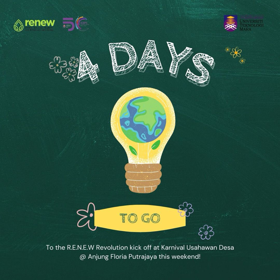 renewwithiceps's tweet photo. ⏳ Just 4 days to go! The countdown is on for the R.E.N.E.W. event at Anjung Floria Putrajaya. Mark your calendars for a weekend of positive change, education, and green initiatives. 🌿🗓️ #RENEWwithIceps #SustainableFuture #Countdown #karnivalusahawandesa #putrajaya https://t.co/E6tThYdx8r