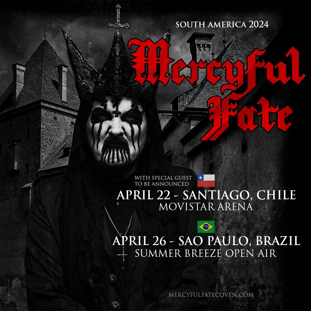 The black mass expands to Santiago, Chile on April 22, 2024 at @movistararena. Tickets on-sale tomorrow at 11am at puntoticket.com/mercyful-fate