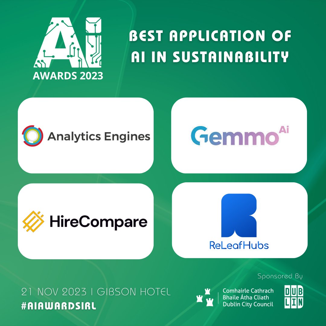 Delighted to support @AIAwardsIrl 2023 today. @DubCityCouncil is the proud award category sponsor for 'Best Application of AI in Sustainability' which was awarded to @GemmoAi by Ross Curley Head of @DCCEconDev. Congratulations to the @GemmoAi team! #AIAwards  #Dublin