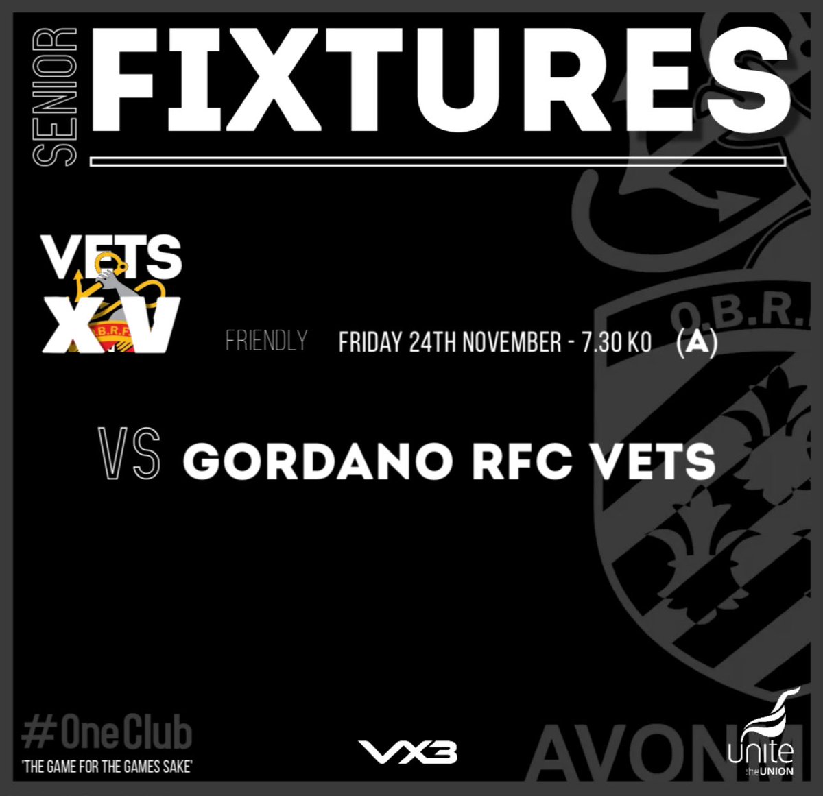 FIXTURES⤵️ This Friday our VETS head to @GordanoRFC for a friendly to see the opening of their brand new downstairs bar & toilet facilities. (6:30pm) Match KO’s at 7:30pm ⚫️🔴⚫️