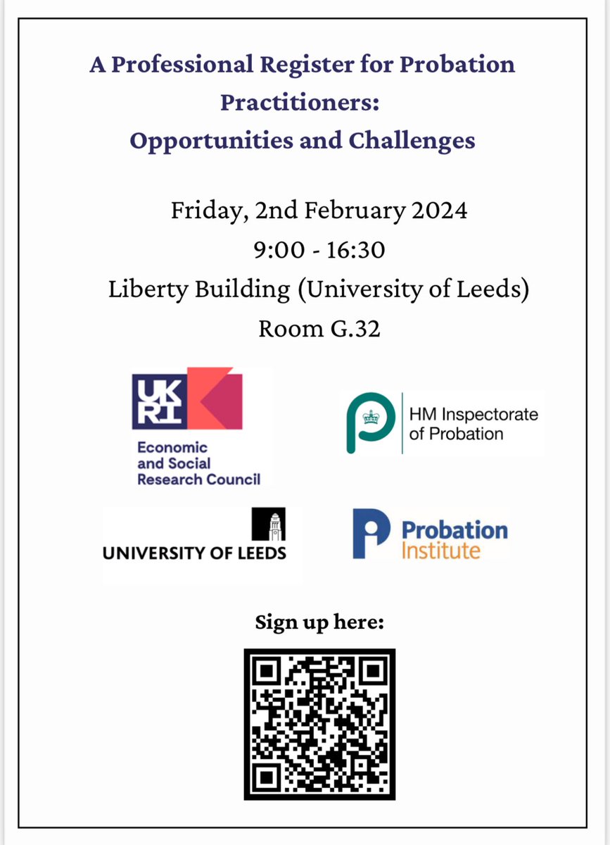I’m excited to announced that I’ve been awarded <a href="/ESRC/">Economic and Social Research Council</a> funding, with <a href="/HMIProbation/">HM Inspectorate of Probation</a> and <a href="/ProbInstitute/">Probation Institute</a>, to organise a conference, A Professional Register for Probation Practitioners: Opportunities and Challenges, on Friday 2 February 2024 <a href="/Law_Leeds/">Law at Leeds</a>. Programme details to follow.
