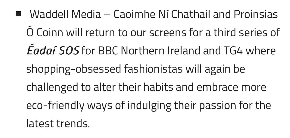 Caoiṁe Ní Ċaṫail (@caoimhechats) on Twitter photo BRÓDÚIL go bhfuil sraith 3 d’Éadaí SOS faighte againn 🛍️👗
Buíochas mór le <a href="/NIScreen/">Northern Ireland Screen</a> <a href="/TG4TV/">TG4</a> <a href="/bbcgaeilge/">BBC GAEILGE</a> as an tacaíocht leanúnach ✨
Sraith 2 ar <a href="/bbcgaeilge/">BBC GAEILGE</a> faoi láthair agus ag tosnú ar an 29/11 ar <a href="/TG4TV/">TG4</a> 📺
Seinnteoir ⬇️
bit.ly/3R9hz1m BRÓDÚIL go bhfuil sraith 3 d’Éadaí SOS faighte againn 🛍️👗
Buíochas mór le <a href="/NIScreen/">Northern Ireland Screen</a> <a href="/TG4TV/">TG4</a> <a href="/bbcgaeilge/">BBC GAEILGE</a> as an tacaíocht leanúnach ✨
Sraith 2 ar <a href="/bbcgaeilge/">BBC GAEILGE</a> faoi láthair agus ag tosnú ar an 29/11 ar <a href="/TG4TV/">TG4</a> 📺
Seinnteoir ⬇️
bit.ly/3R9hz1m
