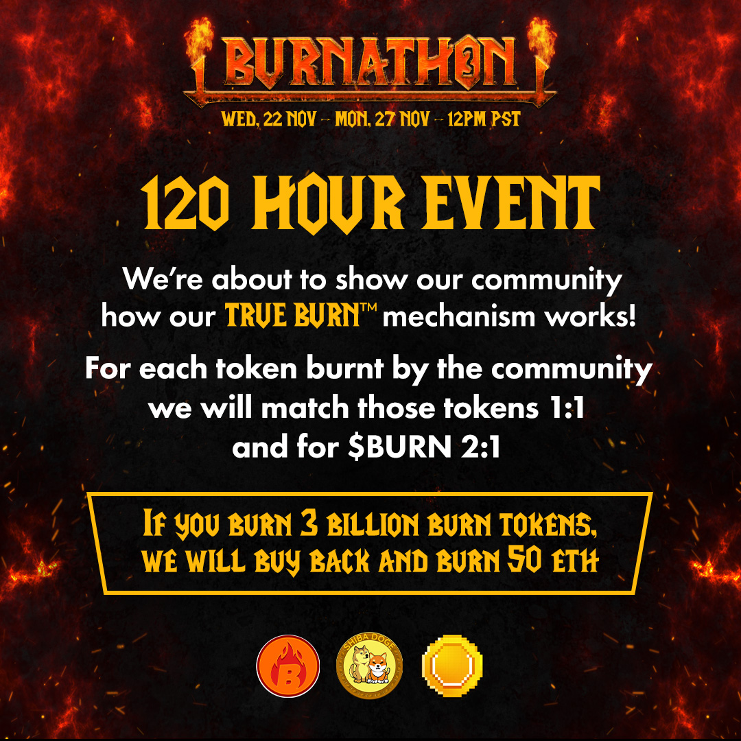 All tokens  burned will be matched by the devs 1:1 and for $BURN 2:1! 🔥

Burn 3 billion #burn tokens and we will burn 50 ETH of supply, which is currently ($100,000) 😱

Get this post to 100+ likes and we reveal the prizes for the 4 wheels for each token leaderboard! 😉