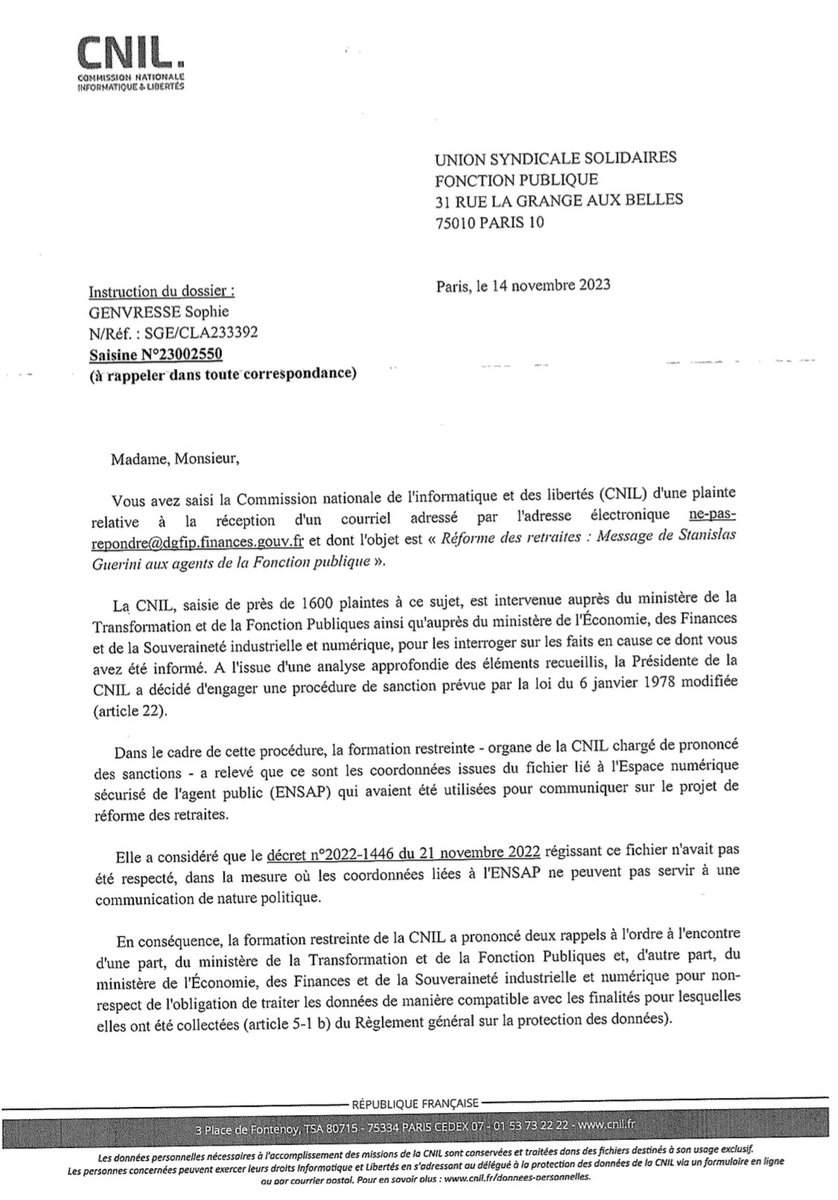 SolidairesFP's tweet photo. 🔴La réponse officielle de la CNIL à la plainte de @SolidairesFP notamment rappelant que le fichier ENSAP n’aurait jamais dû être utilisé pour la communication gouvernementale pendant le mouvement de lutte contre la réforme des retraites ❌ https://t.co/NB5Yg0ZtFH