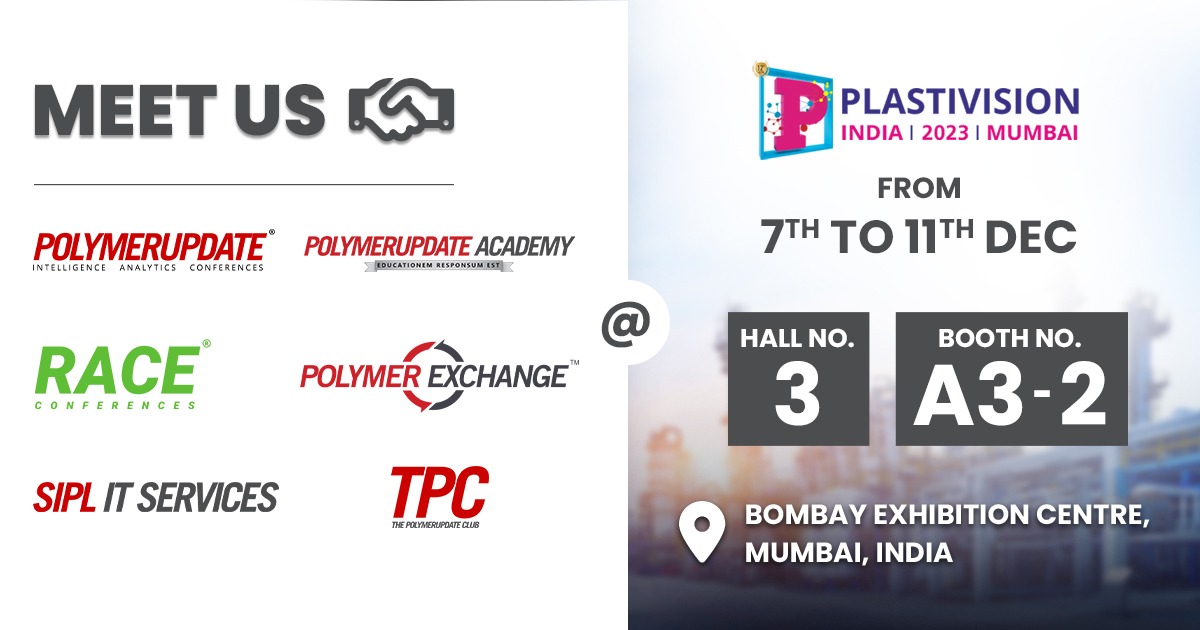 POLYMERUPDATE's tweet photo. Unlock innovation at Plastivision India 2023!
Visit us at Plastivision India 2023, from December 7th to 11th at Hall No. 3, Booth A3-2, at Bombay Exhibition Centre.
Explore the future of plastics and discover groundbreaking solutions.
#PlastivisionIndia2023 #Polymerupdate #RACE #PUacademy #SIPLITservices #TPC #Polymerexchnage