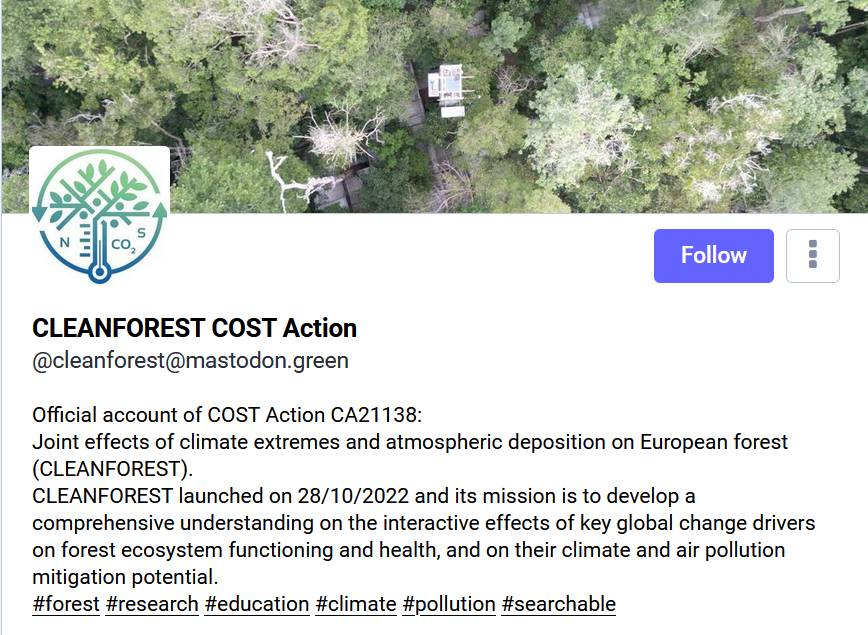 CA_Cleanforest's tweet photo. Now you can follow the Cleanforest COST Action on Mastodon!
https://t.co/vPAgVaiY79
#forest #research #education #climate #pollution #searchable #mastodon @COSTprogramme https://t.co/DDSSZlEIQ5