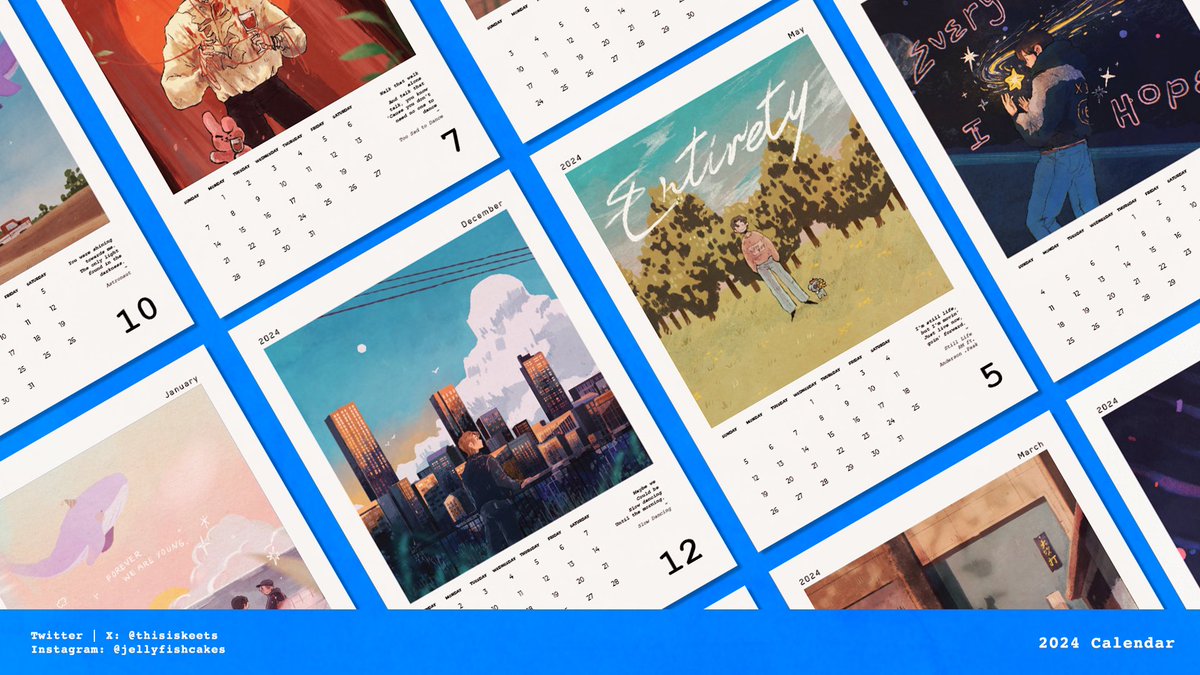 thisiskeets's tweet photo. a mini 2024 calendar print run! 🗓️ 
—
• 5”x 7”
• 300gsm, soft-touch lamination
• pre-order from https://t.co/pvG97Ze0zE
• est. mailing them out in the end of dec! https://t.co/KHawpAwlLV