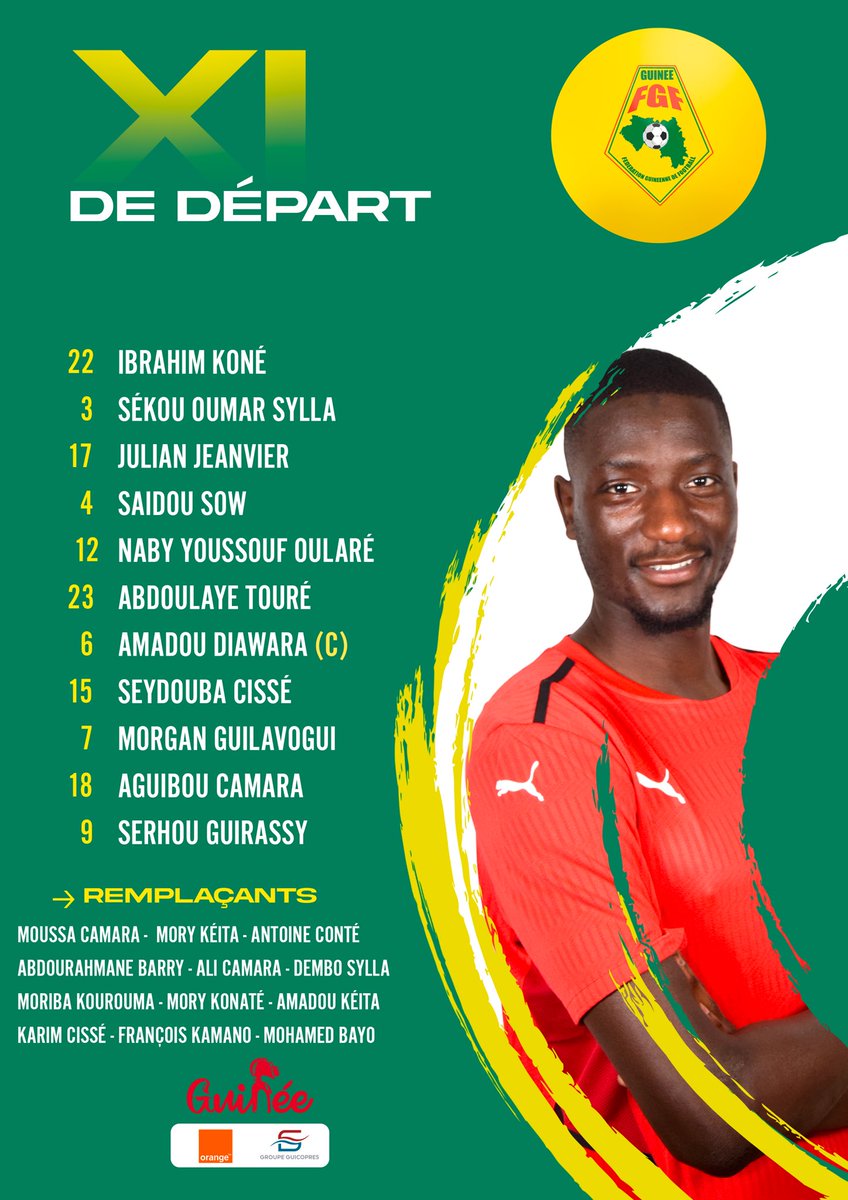 Joueurs_GN's tweet photo. 📋 🇬🇳 Le onze du Syli National pour affronter le Bostwana.
#BOTGUI #GbinGbinSo https://t.co/s00xp4h744