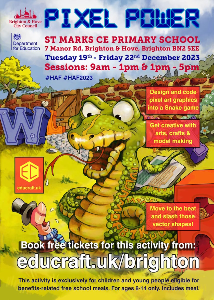 We're on the road again soon for our Pixel Power HAF event with <a href="/BrightonHoveCC/">Brighton & Hove City Council</a>. Free to eligible families and includes a nutritious lunch. Design and animate video game graphics, then customise and play your own Snake game! eequ.org/experience/3715
#HAF #HAF2023
