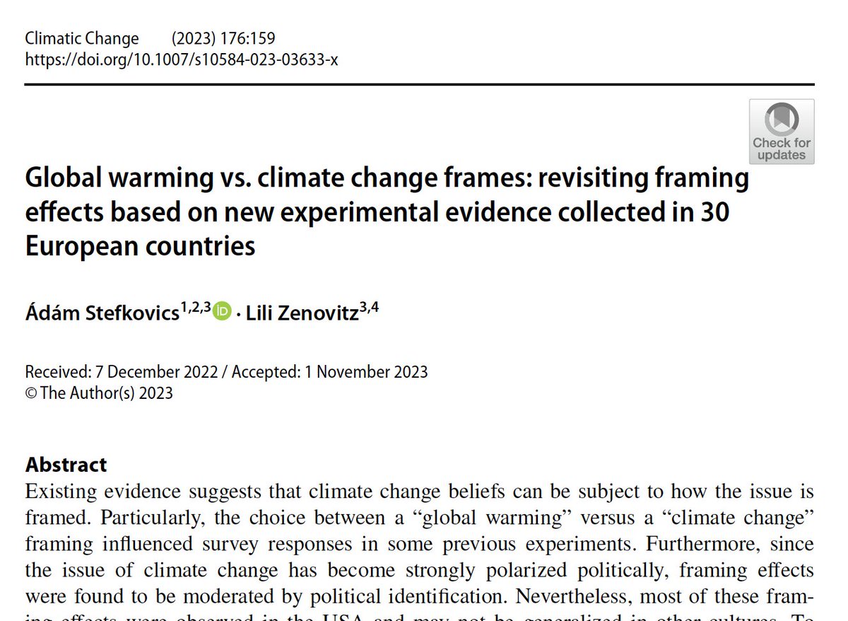 ☝️New paper out on my birthday 🥳🥳🥳 We asked if framing the issue as “global warming” vs. “climate change” makes a difference. Based on data collected in 30 countries the answer is: not really. Read more 👇👇👇 @ClimaticChange_ #climatechange @ESS_Survey link.springer.com/article/10.100…