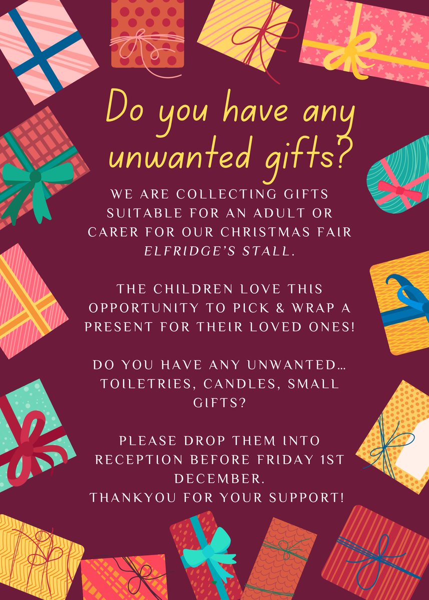Shoreside PTA (@shoresidepta) on Twitter photo It’s nearly time for our Christmas Fair!
This year we are holding our much loved present wrapping stall.
Do you have any unwanted gifts taking up space?
We would be very grateful for any donations.
Thank you so much for your support🎅🏻
<a href="/shoreside1234/">Shoreside Primary School</a> It’s nearly time for our Christmas Fair!
This year we are holding our much loved present wrapping stall.
Do you have any unwanted gifts taking up space?
We would be very grateful for any donations.
Thank you so much for your support🎅🏻
<a href="/shoreside1234/">Shoreside Primary School</a>