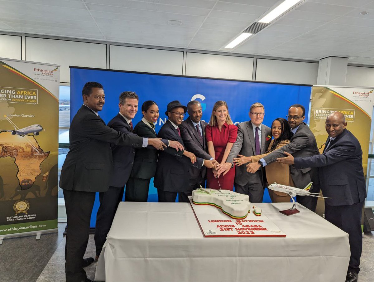 ETEmbassyLDN's tweet photo. Exciting moment! 🛬 Ethiopian Airlines' maiden flight to Gatwick has touched down, greeted with a warm welcome. A  journey marking new connections and adventures.✈️🌍 #FlyEthiopian  #LondonWelcome
@flyethiopian https://t.co/OHkqzCvINO
