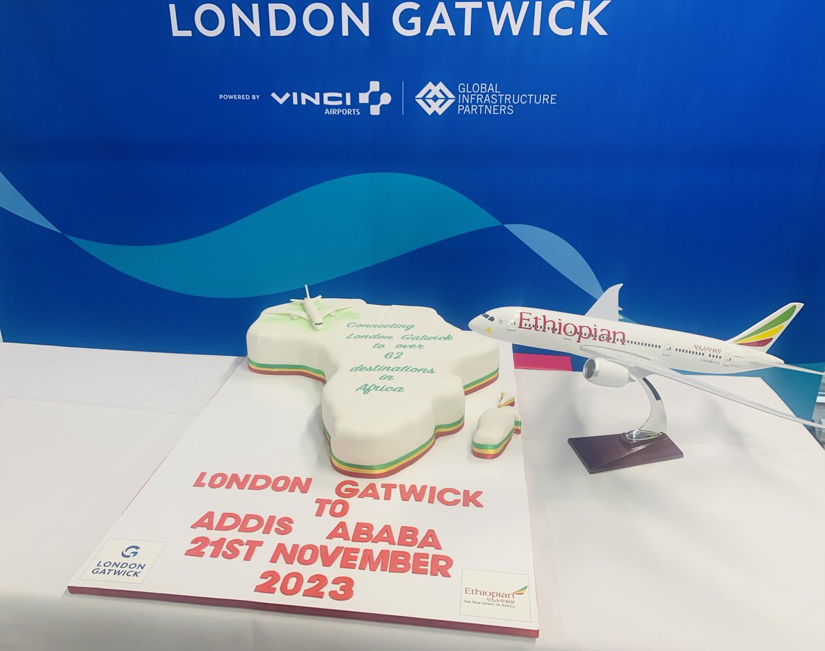 ETEmbassyLDN's tweet photo. Exciting moment! 🛬 Ethiopian Airlines' maiden flight to Gatwick has touched down, greeted with a warm welcome. A  journey marking new connections and adventures.✈️🌍 #FlyEthiopian  #LondonWelcome
@flyethiopian https://t.co/OHkqzCvINO