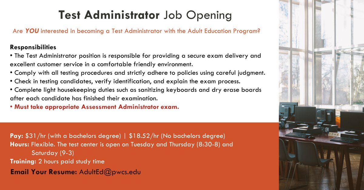 JOB OPENING: Test Administrator

Are you interested in becoming a Test Administrator for the Adult Education program? We have an opening in our testing center! Please see the flyer for more details.

Email us your resume at AdultEd@pwcs.edu