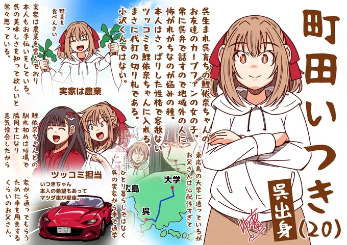 鯉依奈ちゃんの友人ちゃんに遂にお名前がつきました。 呉出身の町田いつきちゃんです。 セ界の愉快な仲間たちとは別に、鯉依奈ちゃんがカープの試合を見ながらボケるたび、容赦のないツッコミ(マジレス)を左右から入れまくる代打の切り札。愛車はマツダロードスター。 #それいけ鯉依奈ちゃん