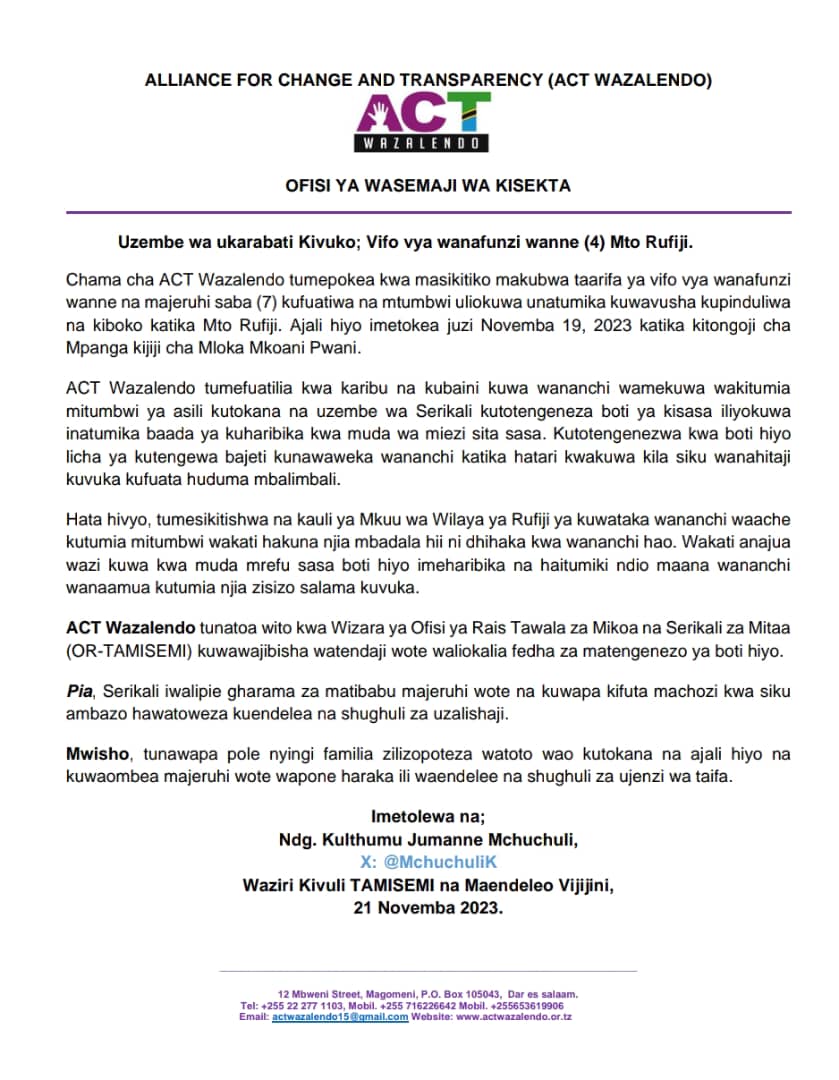 "Ni uzembe wa ukarabati Kivuko ndio uliopelekea vifo vya wanafunzi wanne Mto Rufiji."

Waziri Kivuli wa TAMISEMI na Maendeleo Vijijini
<a href="/MchuchuliK/">KMchuchuli</a> 

#TaifaLaWote #MaslahiYaWote <a href="/ACTBarazaKivuli/">Wasemaji wa Kisekta</a> <a href="/ACTwazalendo/">ACTWazalendo</a> <a href="/AdoShaibu/">Ado Shaibu</a> <a href="/Vicent_Kassala/">Kassala</a>