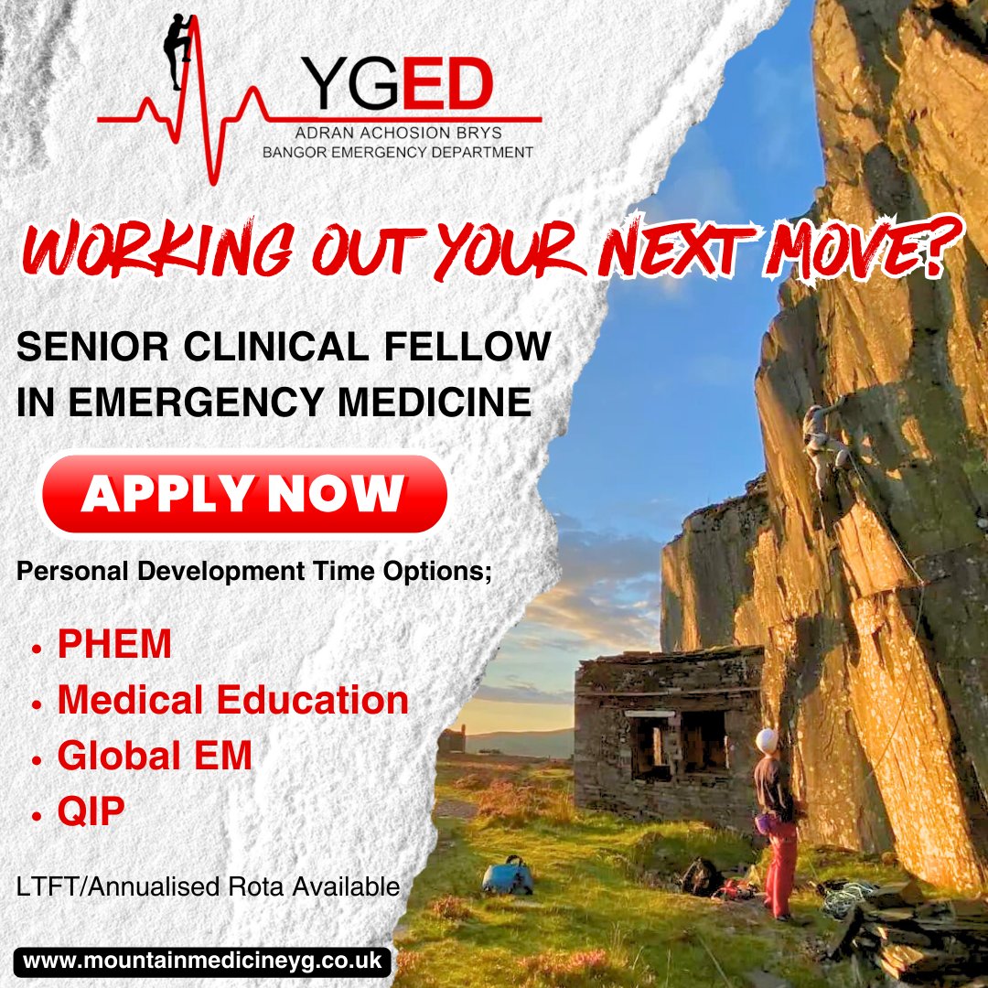 🚨 Senior Clinical Fellow 🚨 

Join our team of friendly and adventurous professionals, and you'll never be short of someone to explore the mountains with.

For more info, check out our website (link in bio).

#emergencymedicine #ysbytygwynedd #EM #Snowdonia #mountainmedicine