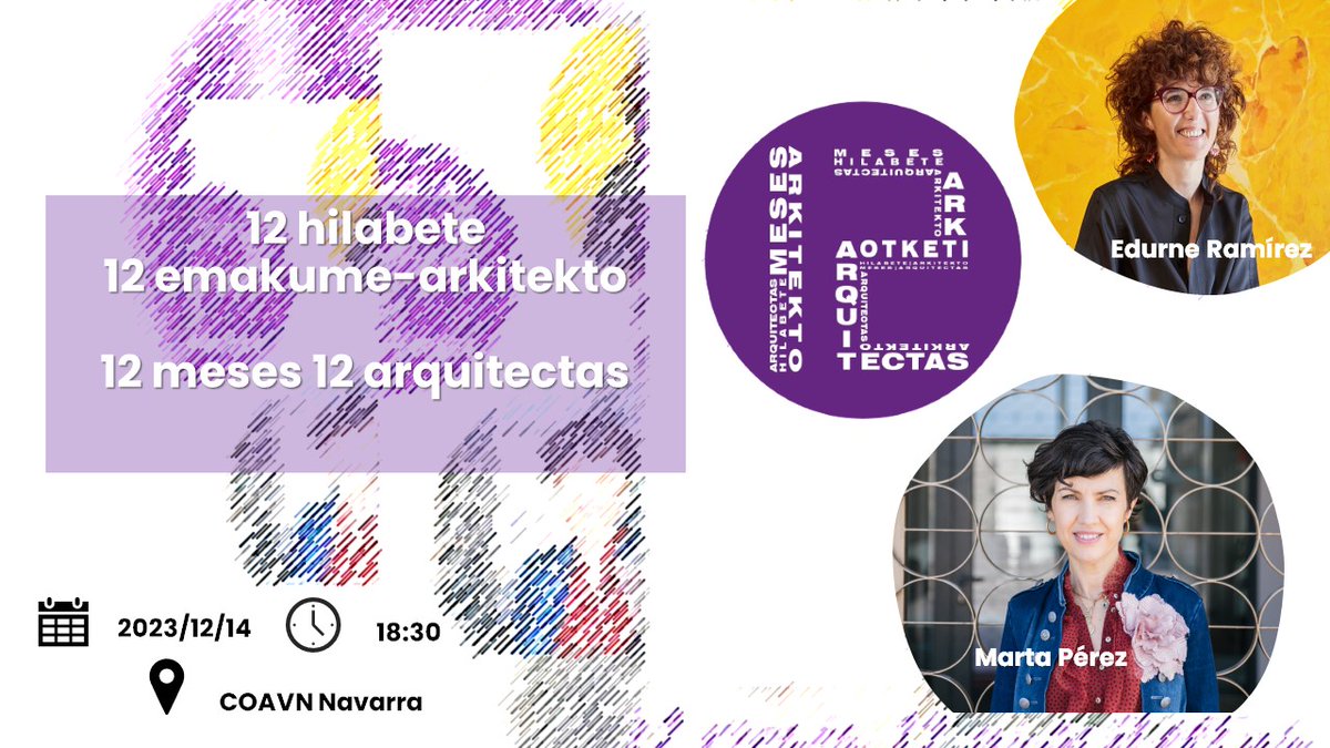 12 MESES-12 ARQUITECTAS
Debate sobre arquitectura y mujer con las arquitectas Marta Pérez y Edurne Ramírez, el 14 de diciembre a las 18.30h en nuestra sede colegial en Pamplona.
Entrada gratuita!
Presencial o streaming.
Ya podéis apuntaros para asistir! coavna.com/marta-perez-y-…