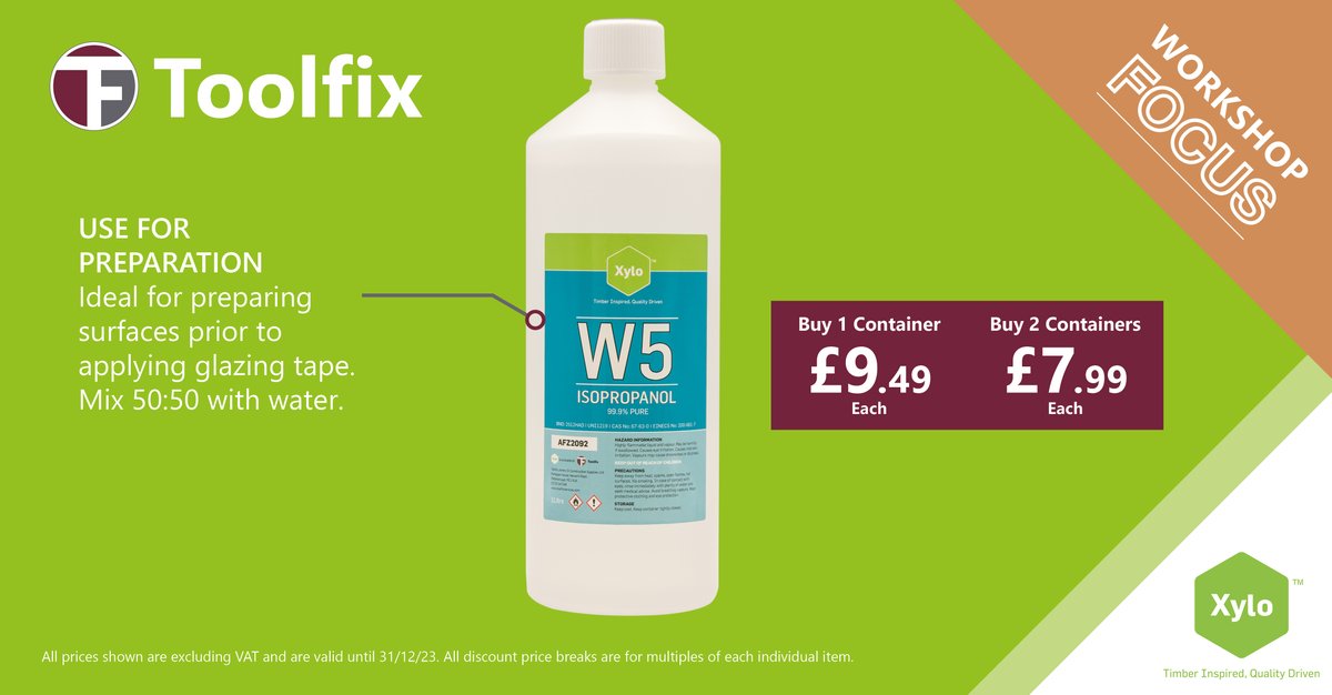 Xylo W5 99.9% Pure Isopropanol - 1 Litre Bottle

Perfect for preparing glass and timber prior to applying glazing tapes (when mixed with water in a 50:50 mix).

Buy here bit.ly/44vvSAH 
Find out more on glazing tape preparation bit.ly/45JxCXY