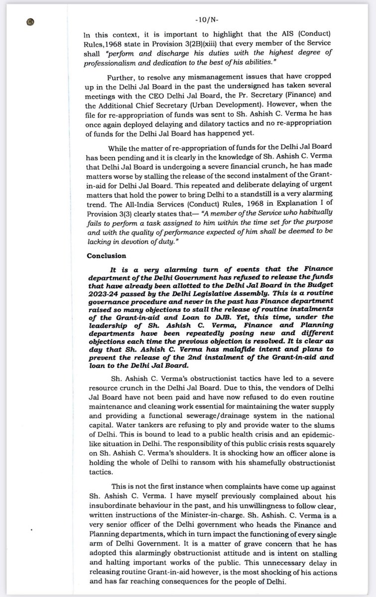 AtishiAAP's tweet photo. Delhi is about to face a serious crisis of water supply and sewer maintenance due to non release of funds to the Delhi Jal Board, by the Finance Dept of Delhi Govt. Have written to the Hon’ble @LtGovDelhi requesting his intervention. https://t.co/N59mplGeoX