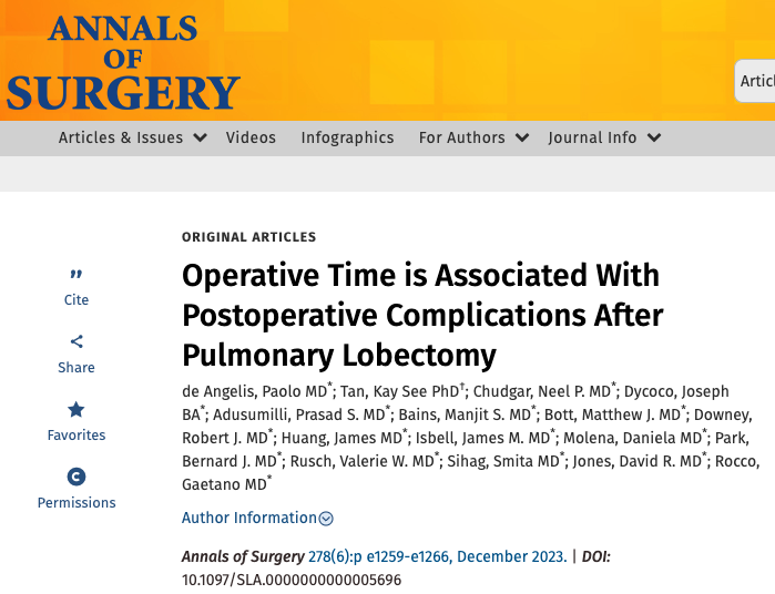 Paolo de Angelis (@pdeangelismed) on Twitter photo Finally published in its final form! Excited to share our work from <a href="/MSK_Thoracic/">ThoracicSurgeryMSK</a>. Under the inspiring mentorship of Dr. Rocco, we show how operative time ⬆️ complications after 🫁 lobectomy. Grateful for the opportunity to contribute to this work!
journals.lww.com/annalsofsurger… Finally published in its final form! Excited to share our work from <a href="/MSK_Thoracic/">ThoracicSurgeryMSK</a>. Under the inspiring mentorship of Dr. Rocco, we show how operative time ⬆️ complications after 🫁 lobectomy. Grateful for the opportunity to contribute to this work!
journals.lww.com/annalsofsurger…