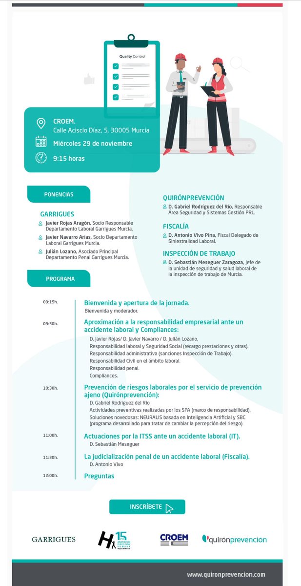 CROEM (@croemurcia) on Twitter photo 📢JORNADA #SINIESTRALIDAD LABORAL
El próximo miércoles 29 de noviembre tendrá lugar una "Jornada sobre Siniestralidad Laboral" que se celebrará en la sede de CROEM en colaboración con <a href="/garrigues_es/">Garrigues</a>, <a href="/quironPREV/">Quirónprevención</a> y <a href="/DireccionH/">Dirección Humana</a>.
👨⚖️Participará Fiscalía e Inspección de Trabajo y 📢JORNADA #SINIESTRALIDAD LABORAL
El próximo miércoles 29 de noviembre tendrá lugar una "Jornada sobre Siniestralidad Laboral" que se celebrará en la sede de CROEM en colaboración con <a href="/garrigues_es/">Garrigues</a>, <a href="/quironPREV/">Quirónprevención</a> y <a href="/DireccionH/">Dirección Humana</a>.
👨⚖️Participará Fiscalía e Inspección de Trabajo y