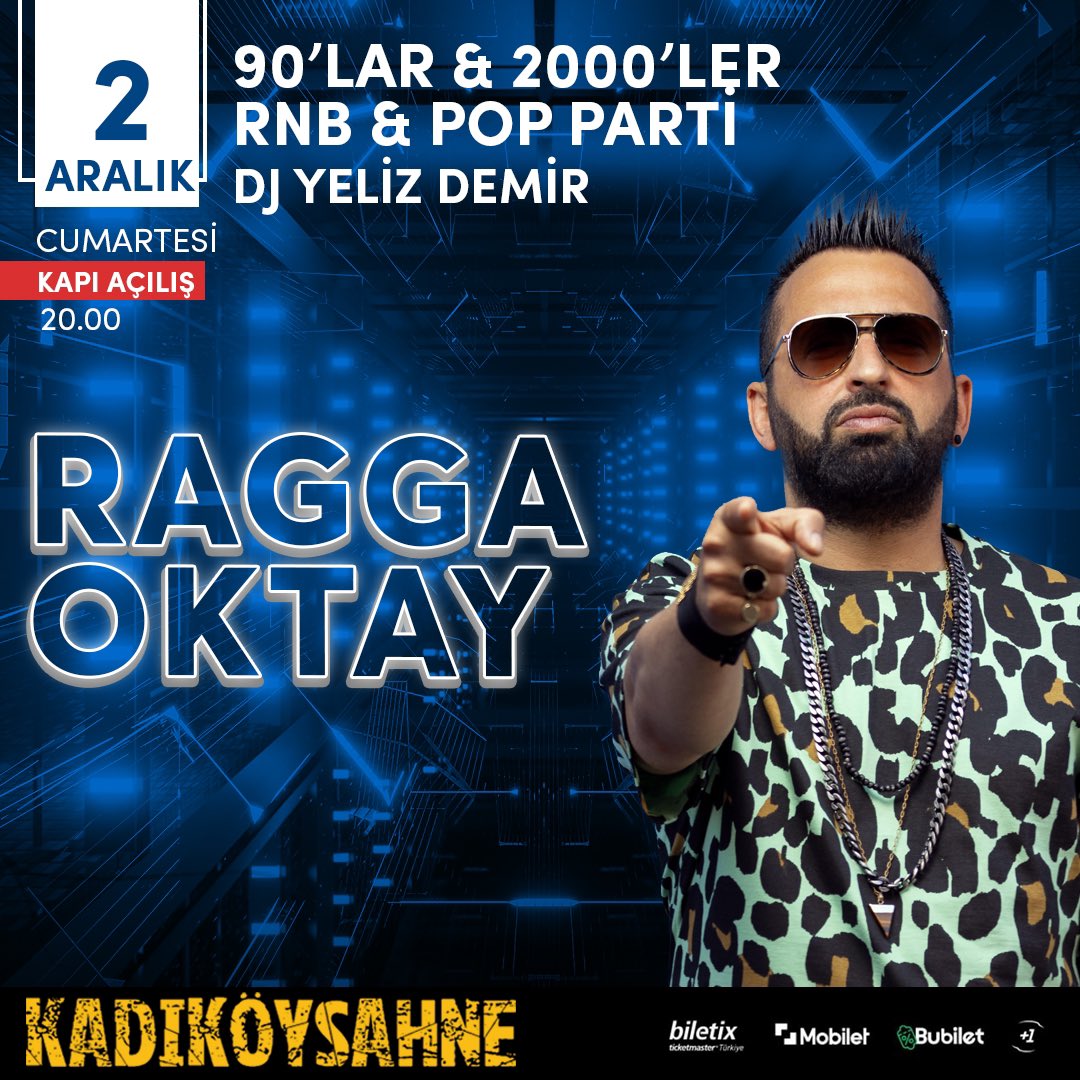 Ragga Oktay ile 90’lar & 2000’ler Türkçe Pop Parti, 2 Aralık Cumartesi akşamı KadıköySahne’de! *Dj Yeliz Demir Kapı Açılış: 20.00 Biletler gişede, KadıköySahne uygulamasında ve Biletix’te! 📢 biletix.com/etkinlik/2AABU… #KadıköySahne #RaggaOktay #90larpartisi #90lartürkçepop