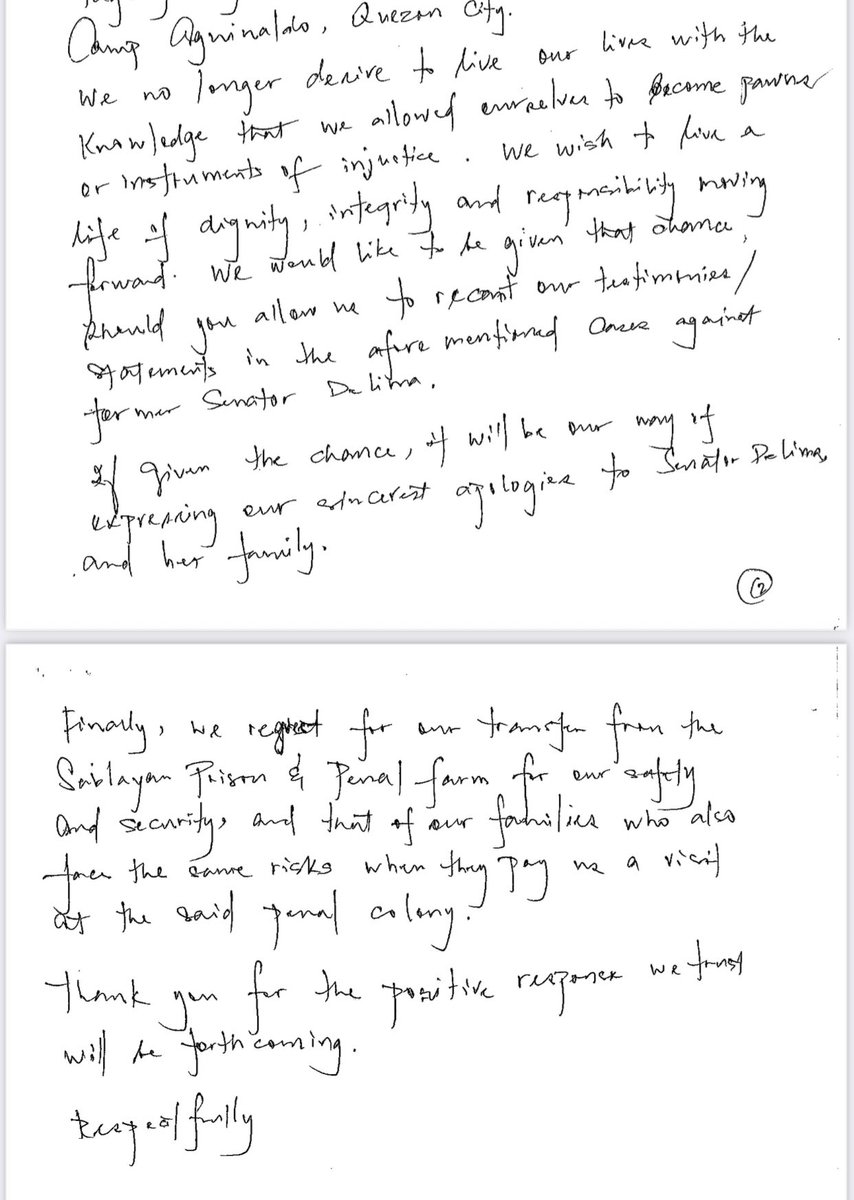 rapplerdotcom's tweet photo. LOOK: Letter of 7 inmate/witnesses to the Muntinlupa court expressing their intent to withdraw their statements against former senator Leila De Lima. "We no longer desire to live our lives with the knowledge that we allowed ourselves to become pawns of injustice." | via @lianbuan