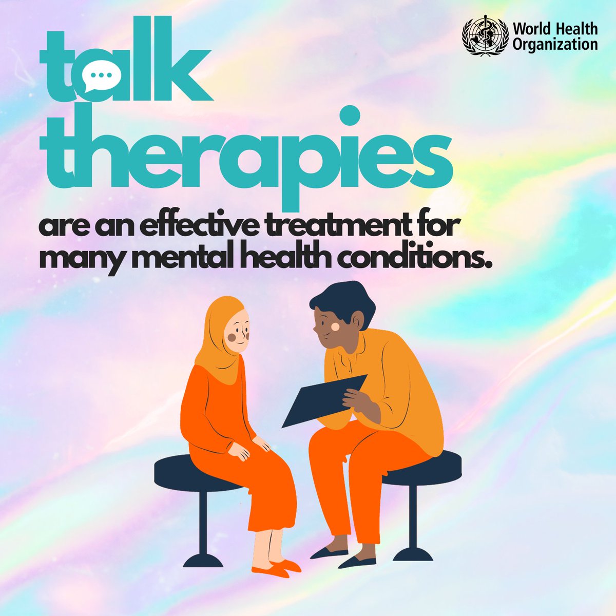 Talk therapies are essential to help treat a range of #MentalHealth, neurological and substance use conditions.

They can help us learn new ways of thinking and coping. Talk therapies, like counselling, can happen one-to-one, or in group, online or over the phone.

WHO’s mhGAP…