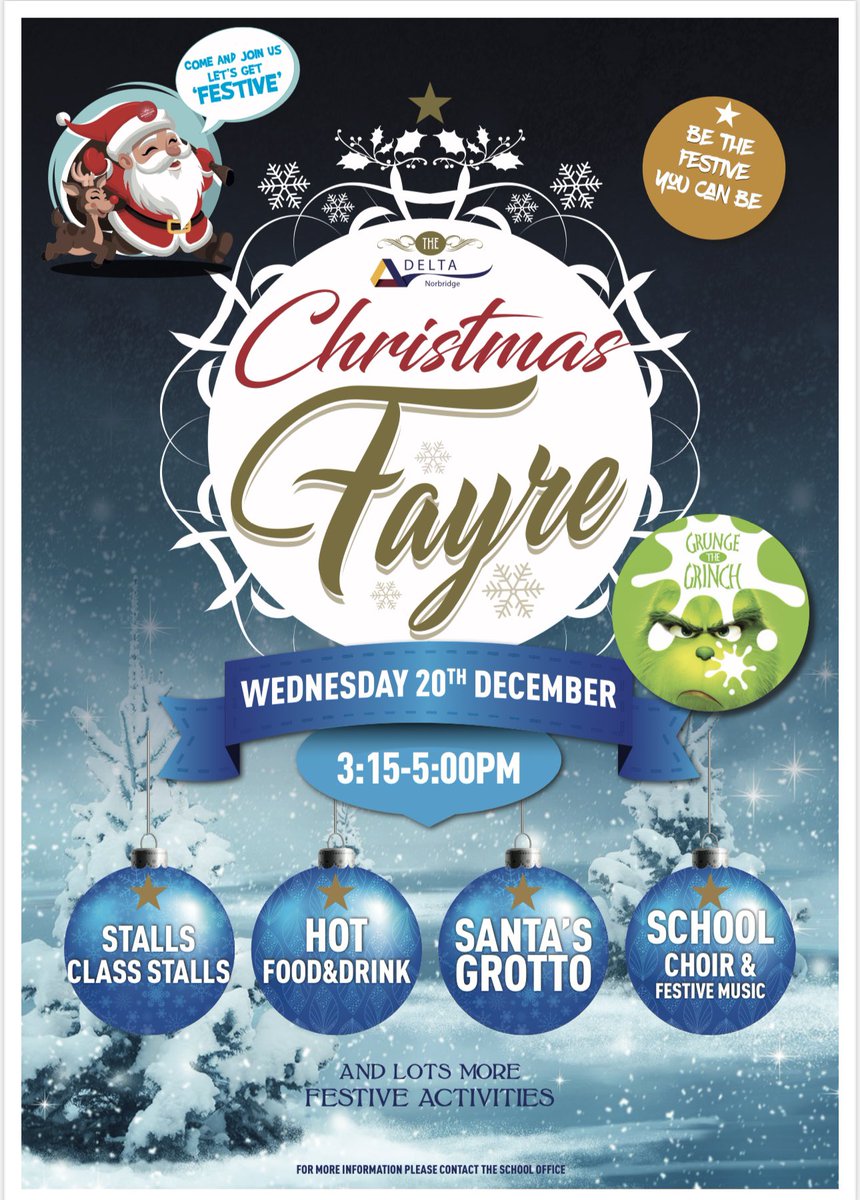 We would like to announce the date of our much-anticipated Christmas Fayre. Put the date in your diaries, you won’t want to miss it. Stalls are available at £10 each, please contact the office. @DeltaNorbridge 🎅🏻🎄☃️#Christmas