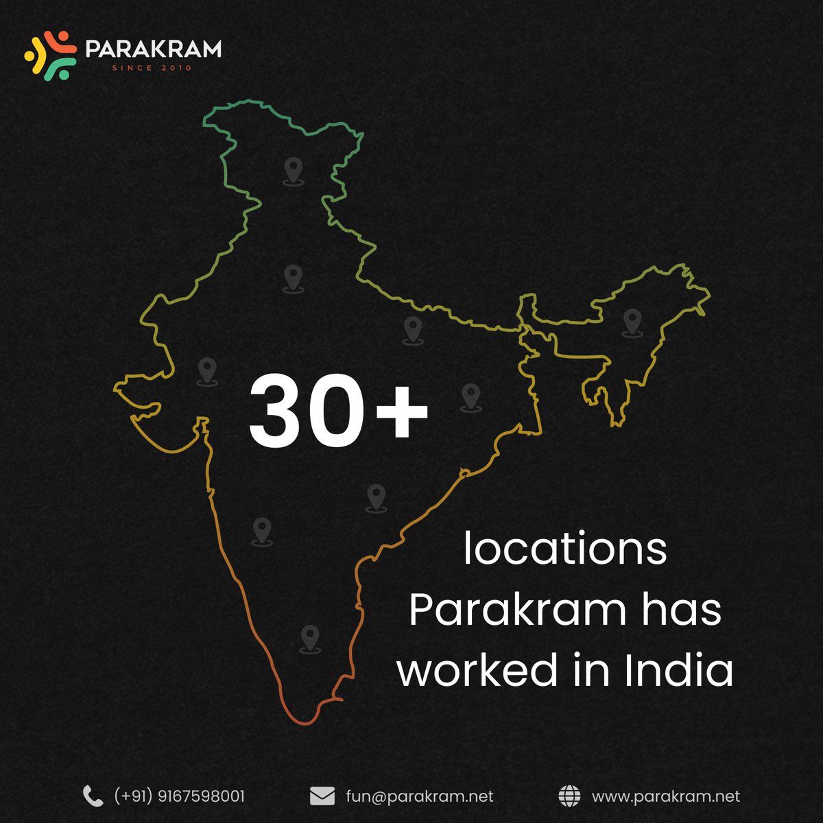 Mapping Parakram's journey across India! We've touched 30+ locations, from major cities to emerging tech centers. Check out our impact map! 📍 #ParakramInIndia #TechExpansion #IndianInnovation #MetroTech #NationwidePresence #DigitalGrowth #TechDiversity #LocalImpact