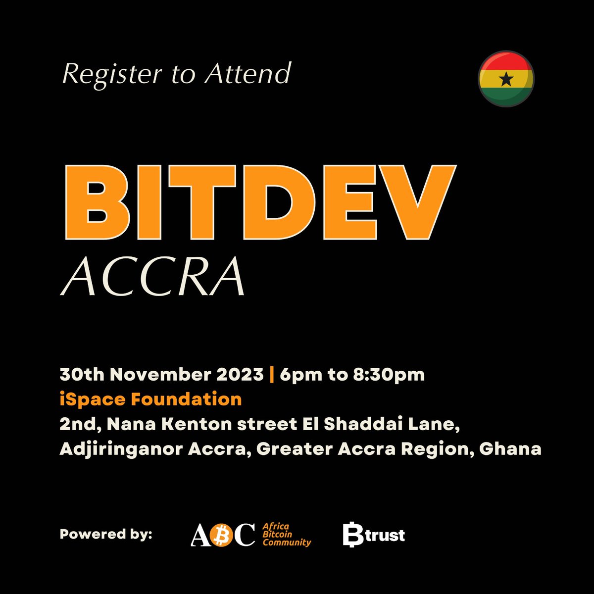 AfroBitcoinOrg's tweet photo. Prepare for an immersive experience at Bit Dev Accra.
📍Join us at the vibrant iSpace Foundation, 🌍 2nd Nana Keton Street, El Shaddai Lane, Adjiringanor, Accra.
Date: November 30th, 2023.
Time:6 pm to 8:30 pm!
@bitdevsAccra https://t.co/DSDJaWshVi