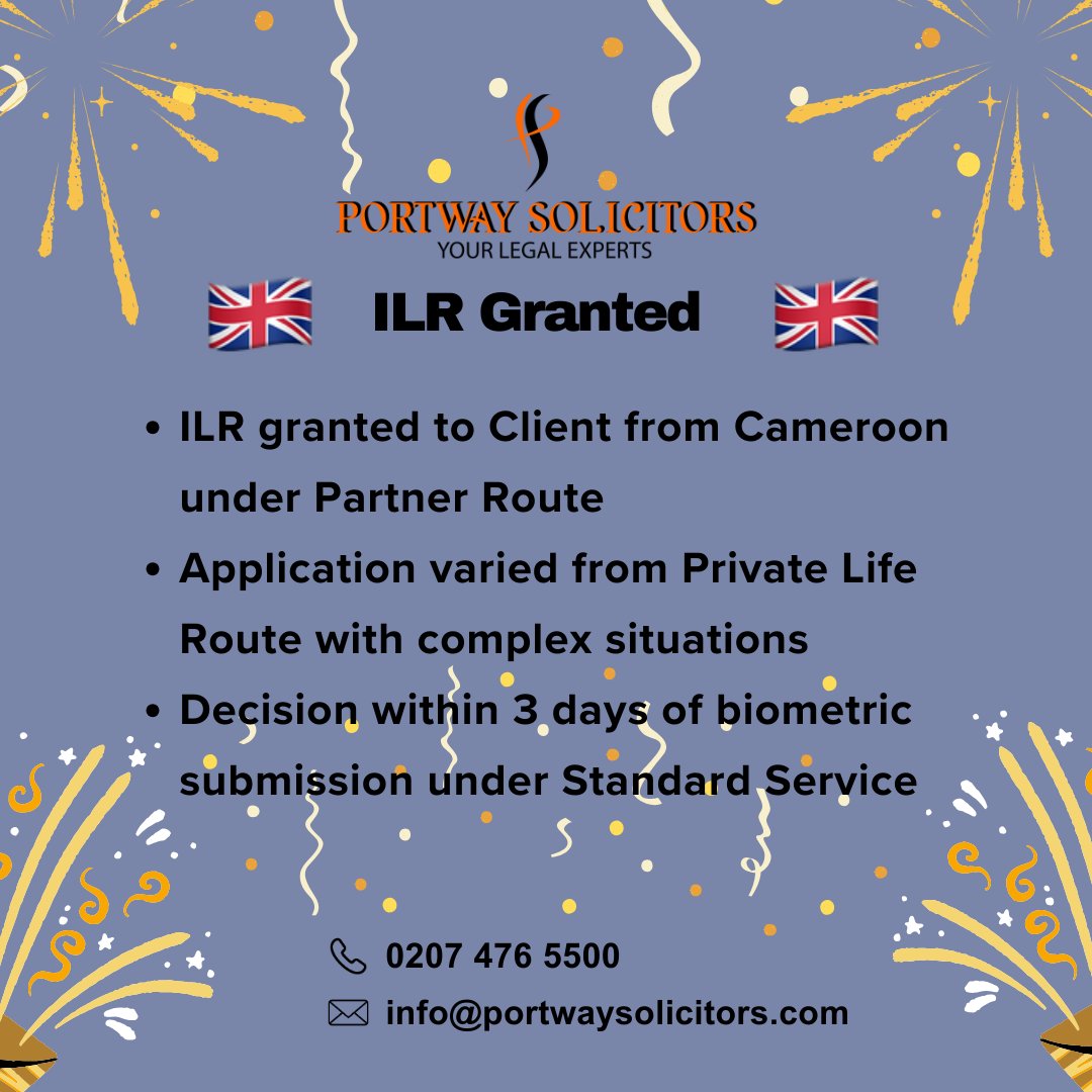PortwaySol's tweet photo. Our Cameroonian client granted ##ILR under Partner Route, despite the application initially deviated from the Private Life Route due to complex situations. The decision was made by the Home Office within 3 days of biometric submission under the Standard Service. #PartnerRoute https://t.co/8hOaE3QPfi