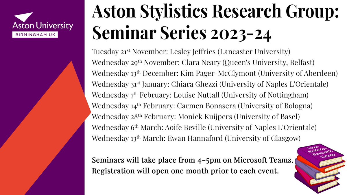 mmgiovanelli's tweet photo. The Aston Stylistics Research Group 2023-24 seminar series starts this afternoon at 4pm with @lesley_jeffries. What a line up we have. So looking forward to these! https://t.co/ISZaAZdkrp